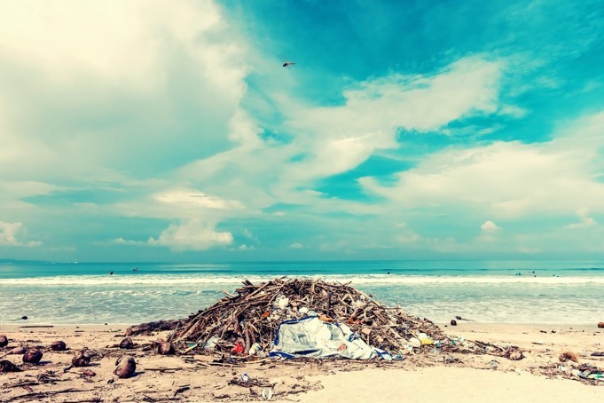 A beach polluted with plastic waste